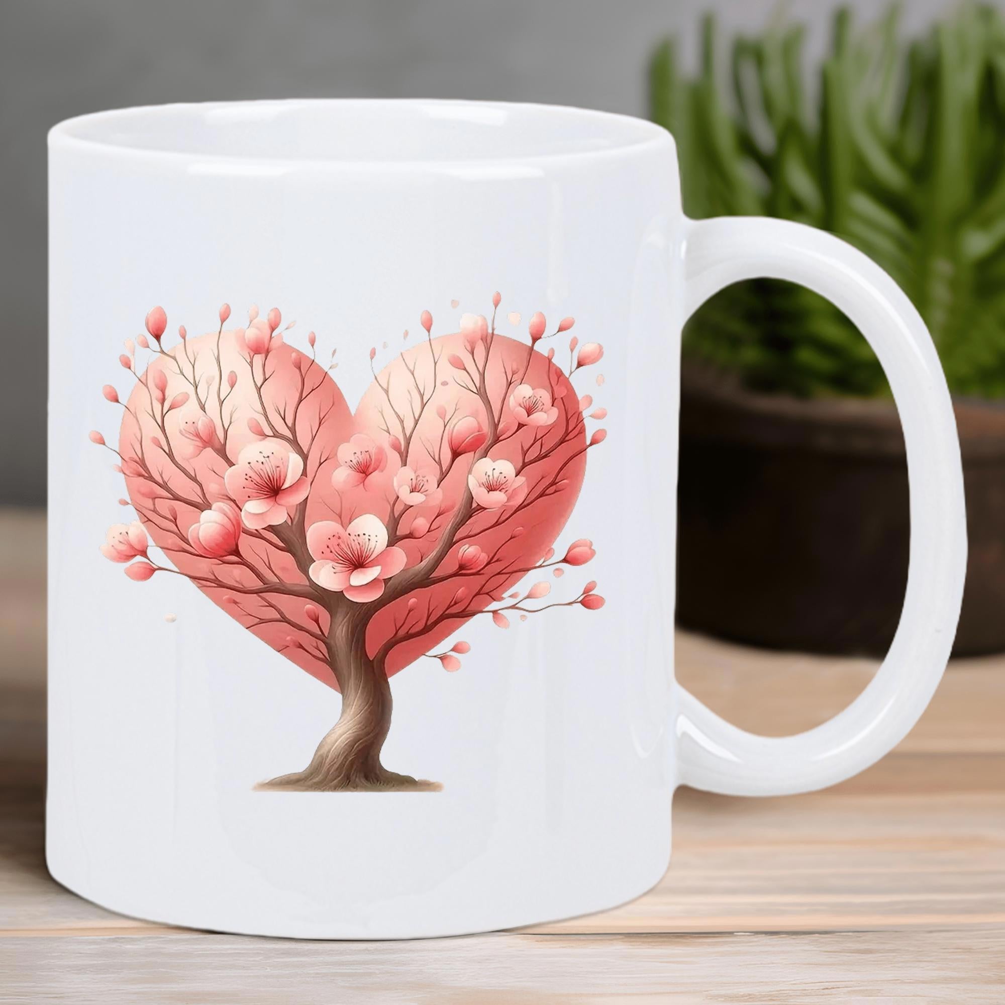 Tailorly White Ceramic 11 oz Mug - Delicate Pink Cherry Blossoms Blooming In A Heart Shape Upon Majestic Tree