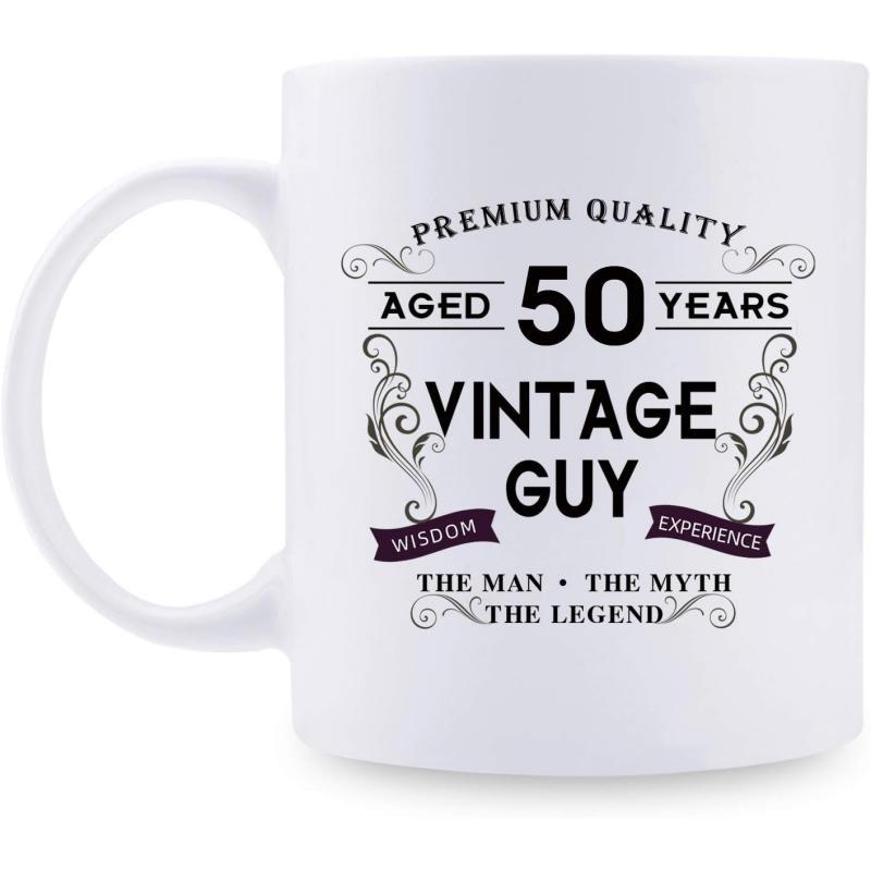 Tailorly White Ceramic 11 oz Mug - Premium Quality Aged 50 Years Vintage Guy Wisdom Experience The Man The Myth The Legend Ornate Scrollwork Elements With