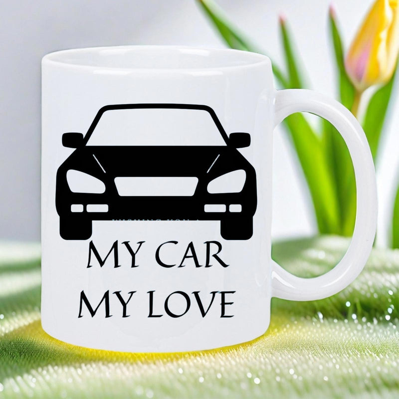Tailorly White Ceramic 11 oz Mug - My Car My Love Sleek Minimalist Front View Silhouette Of A Modern Sedan Style Car