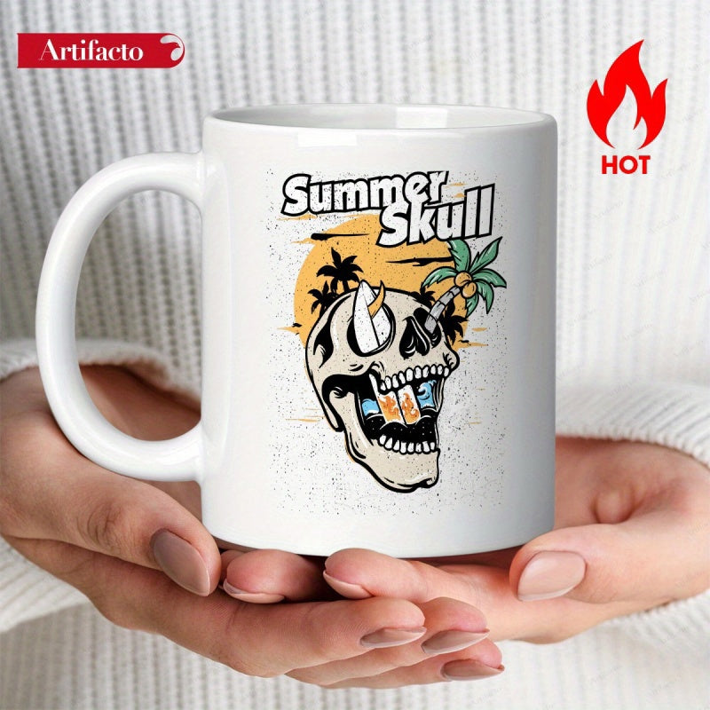 Tailorly White Ceramic 11 oz Mug - Summer Skull Tropical Scenery With Palm Trees And Surfboards Inside A Stylized Skull