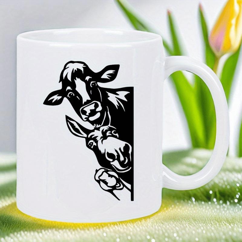 Tailorly White Ceramic 11 oz Mug - Minimalist Black Ink Farmhouse Style Two Curious Peeking Cow