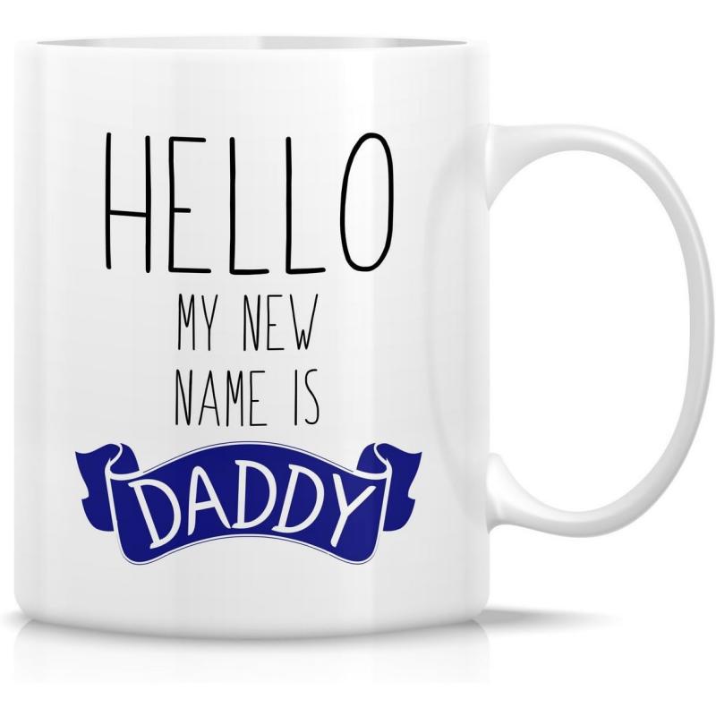 Tailorly White Ceramic 11 oz Mug - Hello My New Name Is Daddy Minimalist Typographic Script Within A Classic Blue Ribbon Banner
