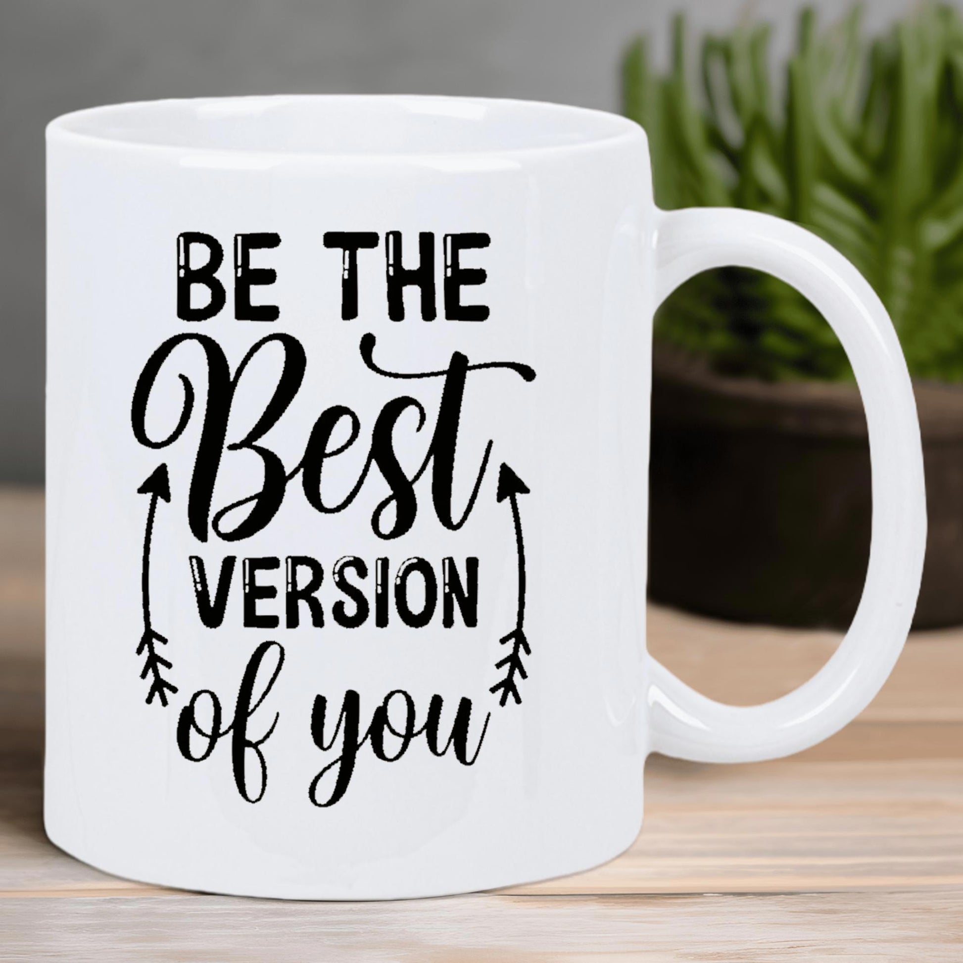 Tailorly White Ceramic 11 oz Mug - Be The Best Version Of You Motivational Slogan Flanked By Dual Symmetrical Decorative Pointing Arrows Mug