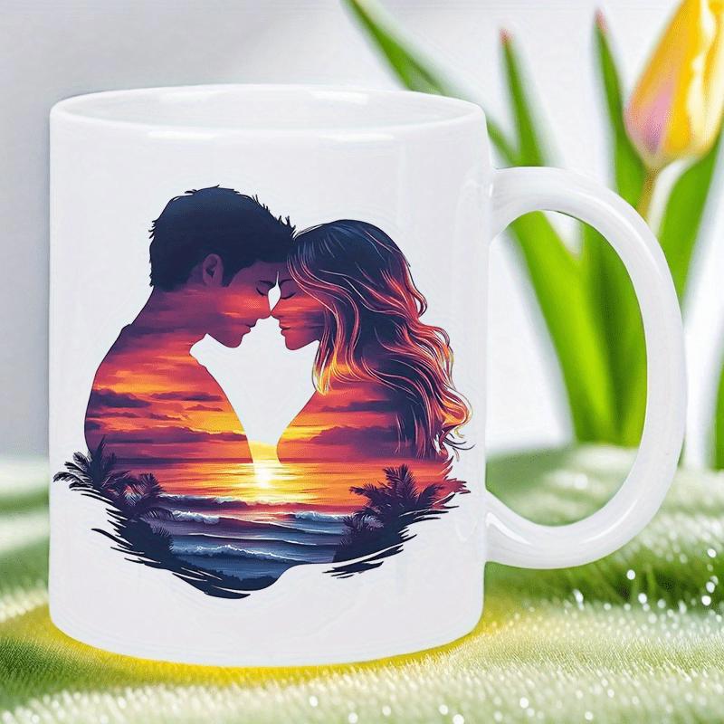 Tailorly White Ceramic 11 oz Mug - Romantic Silhouettes Featuring Sunset Beach Waves And Tropical Palm Trees Couple