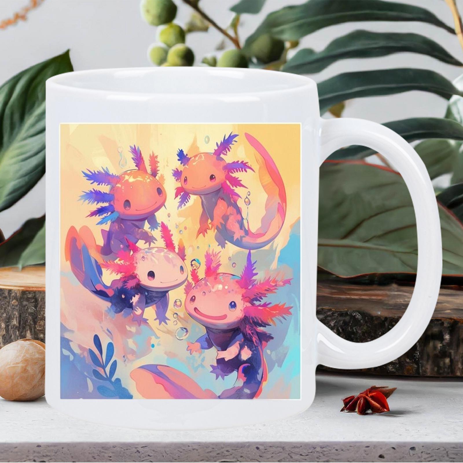 Tailorly White Ceramic 11 oz Mug - Colorful Watercolor Style With Multiple Aquatic Creatures Swimming In Vibrant Pastel Axolotl