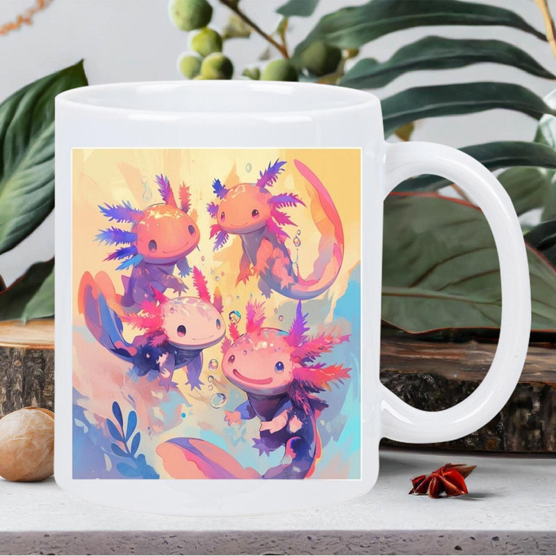 Tailorly White Ceramic 11 oz Mug - Colorful Watercolor Style With Multiple Aquatic Creatures Swimming In Vibrant Pastel Axolotl