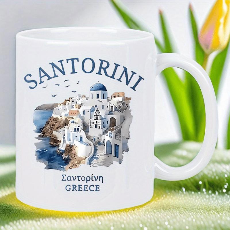 Tailorly White Ceramic 11 oz Mug - Santorini Greece Artistic Watercolor Landscape Of Coastal White Houses With Blue Domes Town