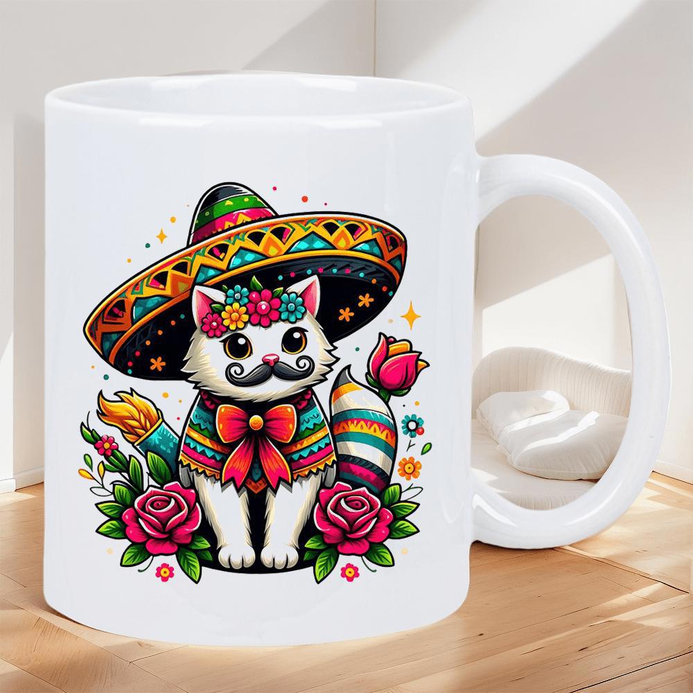 Tailorly White Ceramic 11 oz Mug - Charming White Cat Wearing Colorful Sombrero And Poncho Among Vibrant Roses Cat