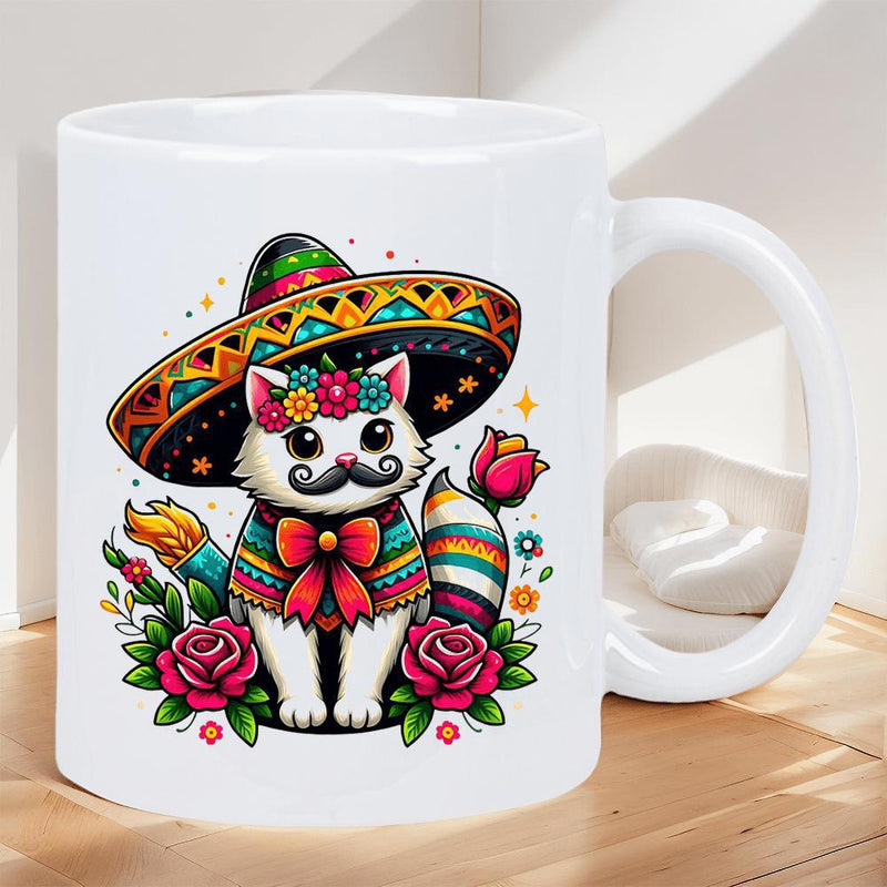 Tailorly White Ceramic 11 oz Mug - Charming White Cat Wearing Colorful Sombrero And Poncho Among Vibrant Roses Cat