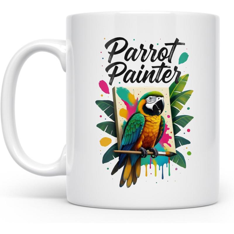 Tailorly White Ceramic 11 oz Mug - Parrot Painter Colorful Tropical Macaw Perched On Paintbrush With Vibrant Paint Splatters Parrot