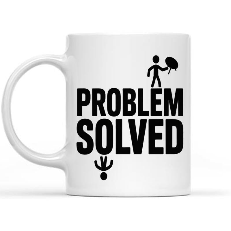 Tailorly White Ceramic 11 oz Mug - Problem Solved Minimalist Stick Figures Standing On Large Bold Black Block Lettering Silhouette