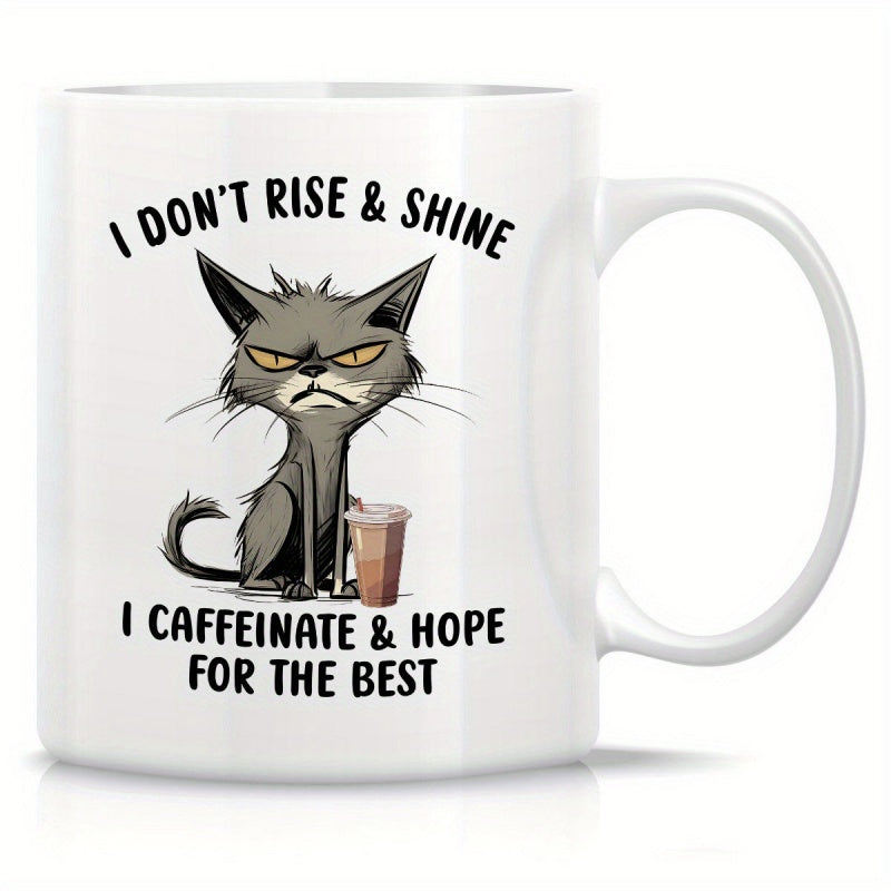 Tailorly White Ceramic 11 oz Mug - I Don't Rise Shine I Caffeinate Hope For The Best Grumpy Scruffy Grey Character Drinking Hot Coffee Cup Cat