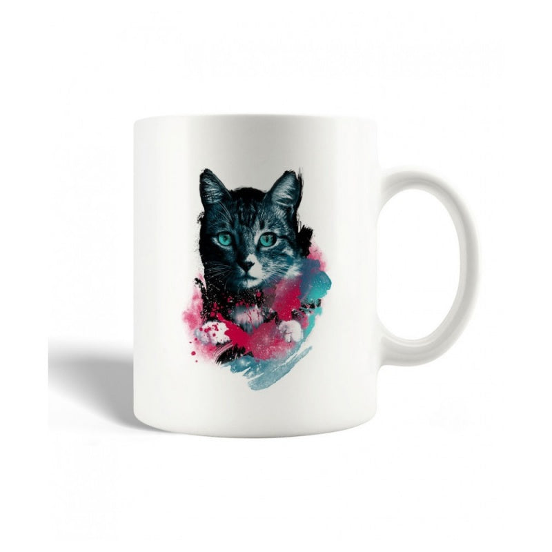 Tailorly White Ceramic 11 oz Mug - Majestic Artistic Feline Portrait With Vibrant Colorful Watercolor Ink Splashes Cat
