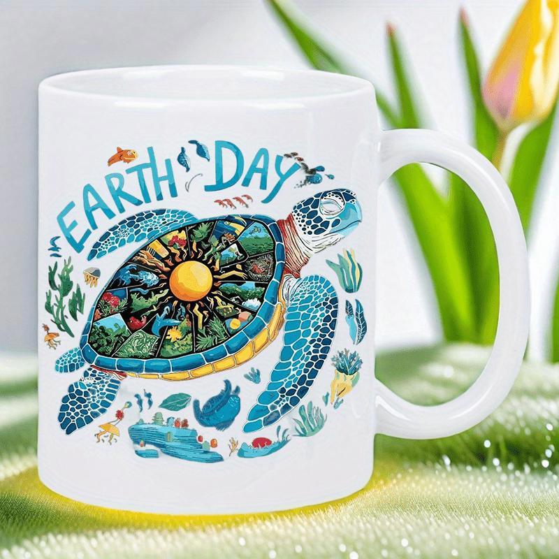 Tailorly White Ceramic 11 oz Mug - Earth Day Vibrant Ocean Creature Featuring Detailed Landscape Shell Swimming In Blue Water Turtle
