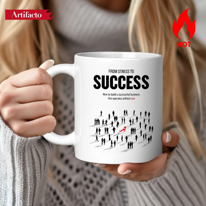 Tailorly White Ceramic 11 oz Mug - From Stress To Success Simple Crowd Of Black Human Silhouettes With One Bold Red Leading Figure People