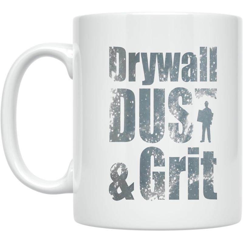 Tailorly White Ceramic 11 oz Mug - Drywall Dust Grit Industrial Worker Silhouette Holding Large Board Amidst Distressed Textured Typography Worker