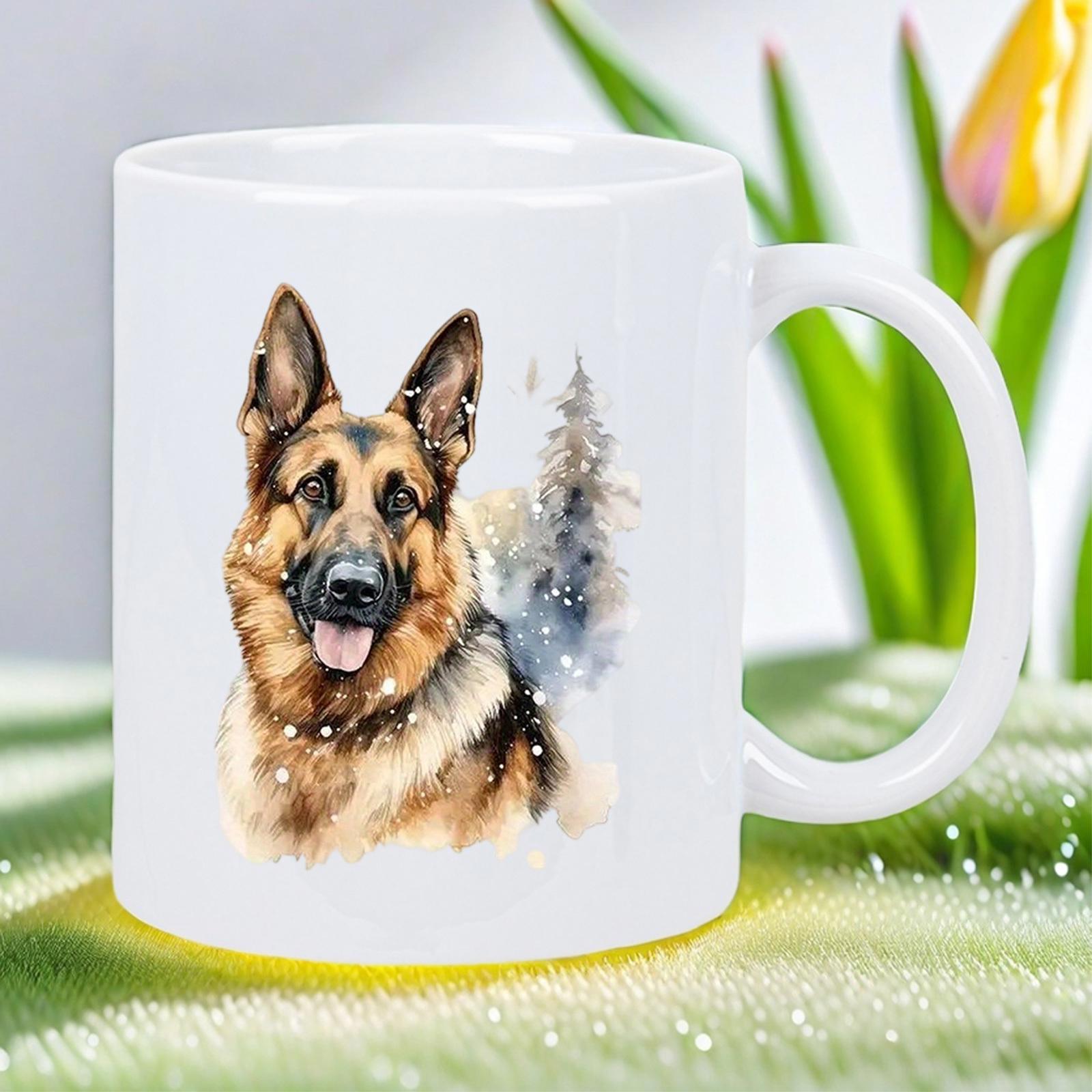 Tailorly White Ceramic 11 oz Mug - Majestic Watercolor Portrait With Snowy Pine Trees In Winter Atmosphere German Shepherd