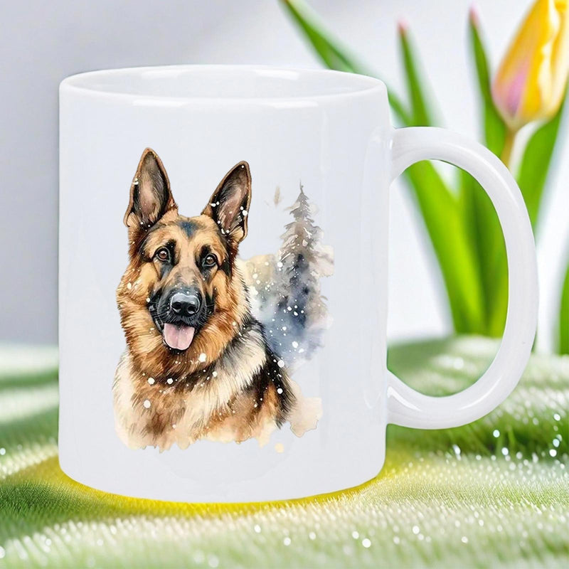Tailorly White Ceramic 11 oz Mug - Majestic Watercolor Portrait With Snowy Pine Trees In Winter Atmosphere German Shepherd