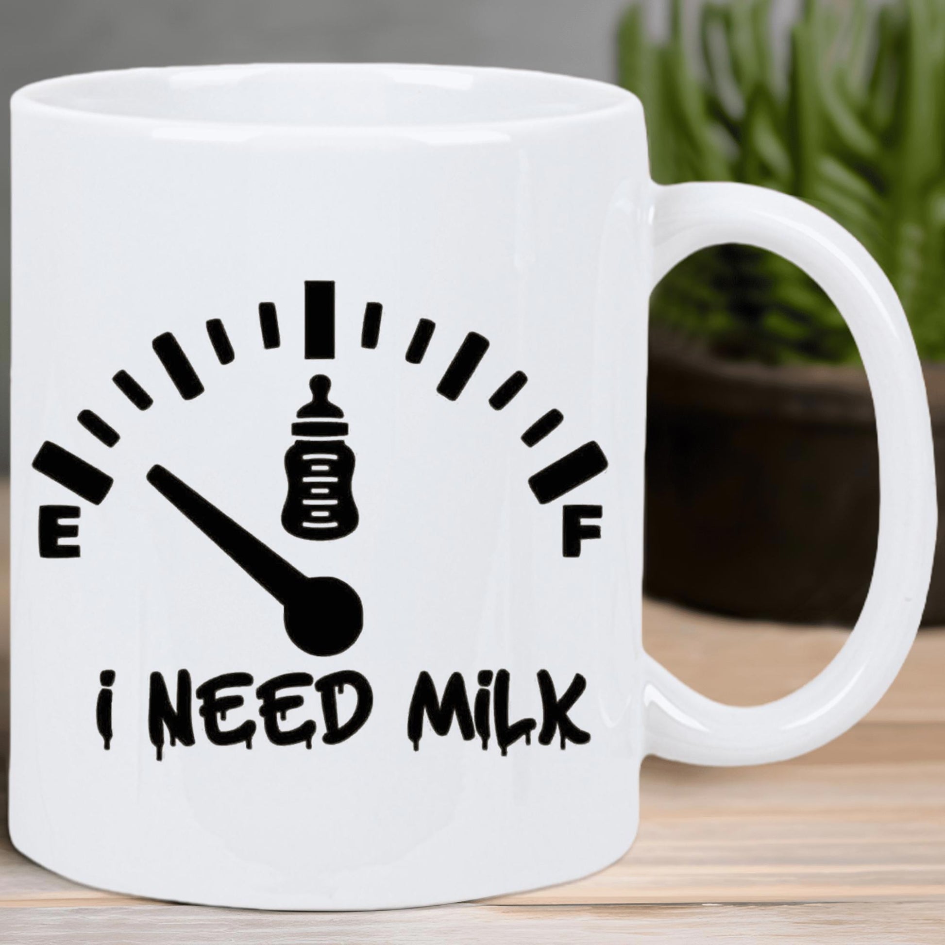 Tailorly White Ceramic 11 oz Mug - I Need Milk Humorous Fuel Gauge With Needle Pointing Empty Near A Baby Bottle Mug