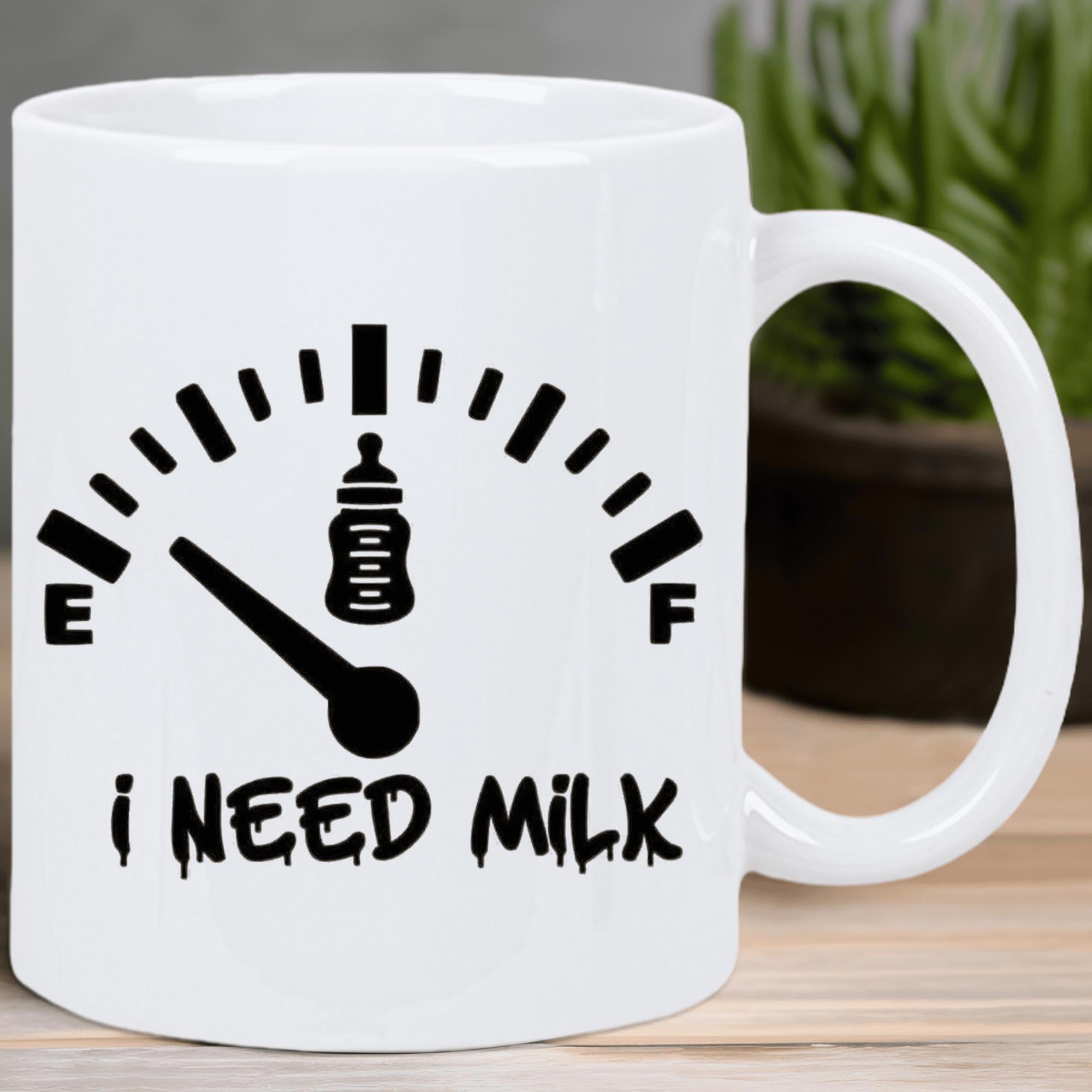 Tailorly White Ceramic 11 oz Mug - I Need Milk Humorous Fuel Gauge With Needle Pointing Empty Near A Baby Bottle Mug