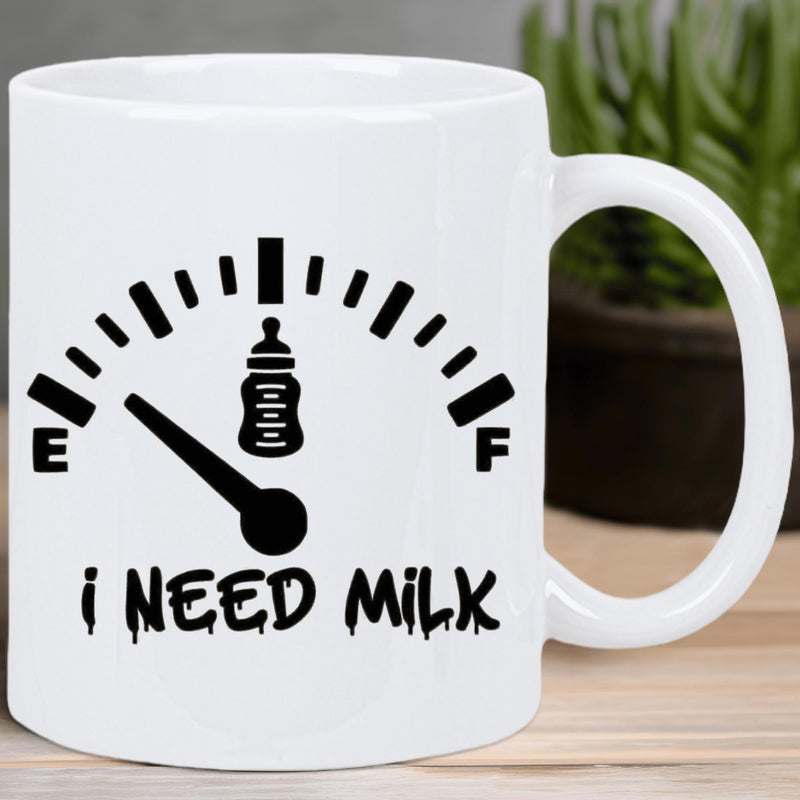 Tailorly White Ceramic 11 oz Mug - I Need Milk Humorous Fuel Gauge With Needle Pointing Empty Near A Baby Bottle Mug