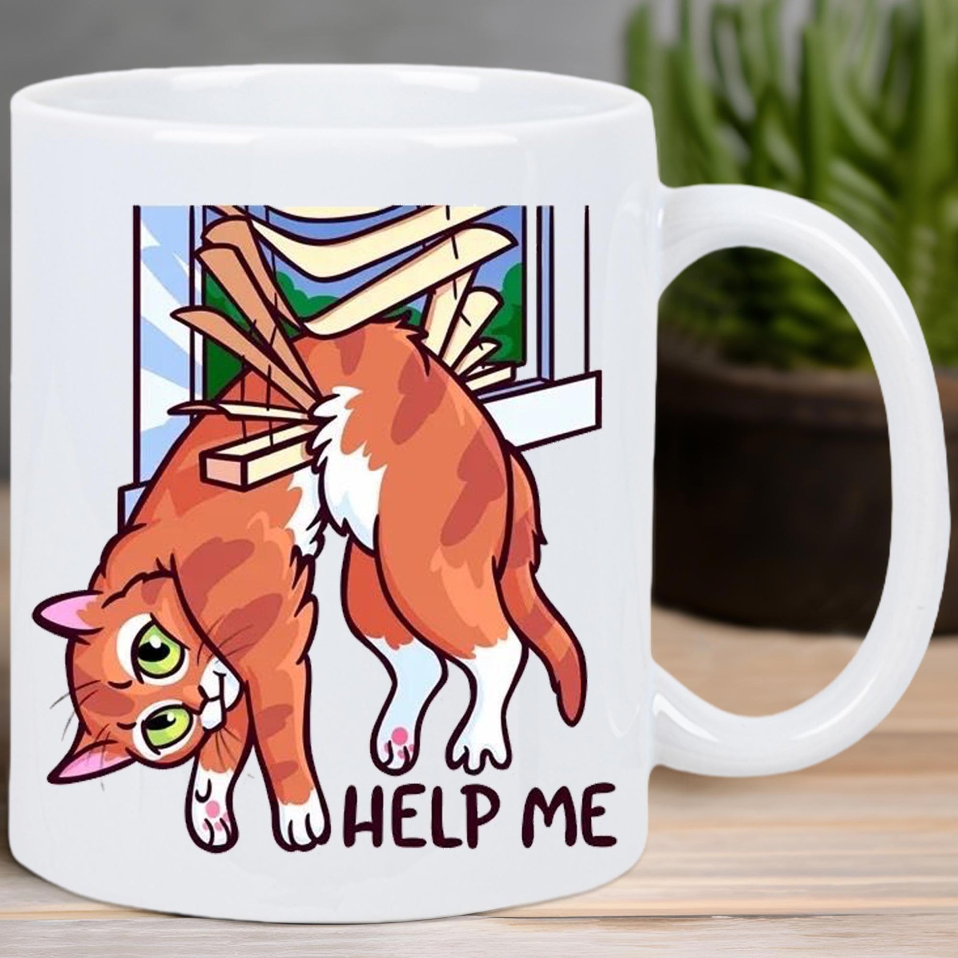Tailorly White Ceramic 11 oz Mug - Help Me Ginger Tabby Cat Stuck In Broken Window Blinds Looking For Assistance Cat