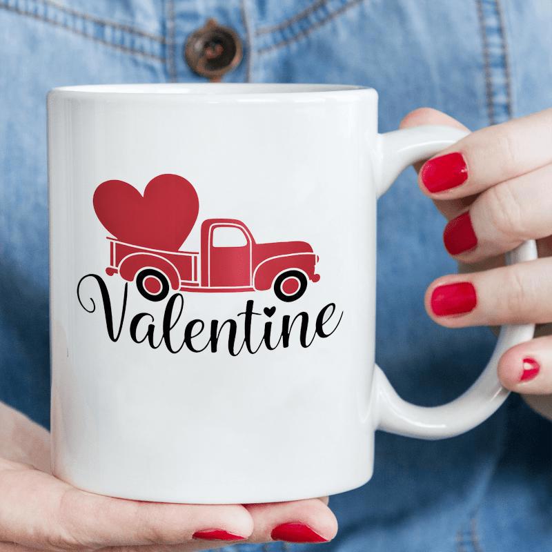 Tailorly White Ceramic 11 oz Mug - Valentine Red Vintage Pickup Carrying Large Heart Among Festive Romantic Vibes Truck