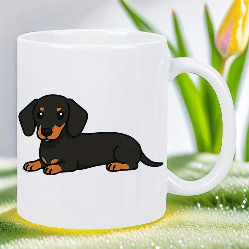 Tailorly White Ceramic 11 oz Mug - Adorable Little Cartoon Black And Tan Sausage Dog Resting Peacefully Dachshund