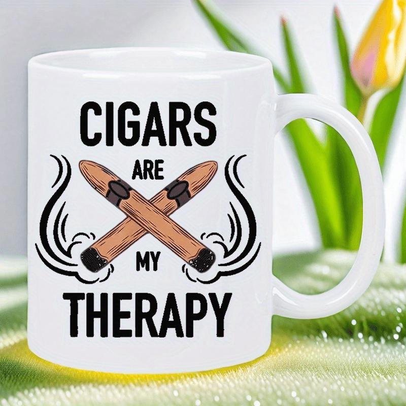Tailorly White Ceramic 11 oz Mug - Cigars Are My Therapy Two Crossed Hand Rolled Tobacco Sticks With Symmetrical Wisps Of Smoke Cigar