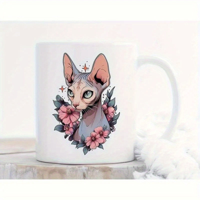 Tailorly White Ceramic 11 oz Mug - Stylized Hairless Sphynx Surrounded By Blooming Pink Flowers And Delicate Leaves Cat