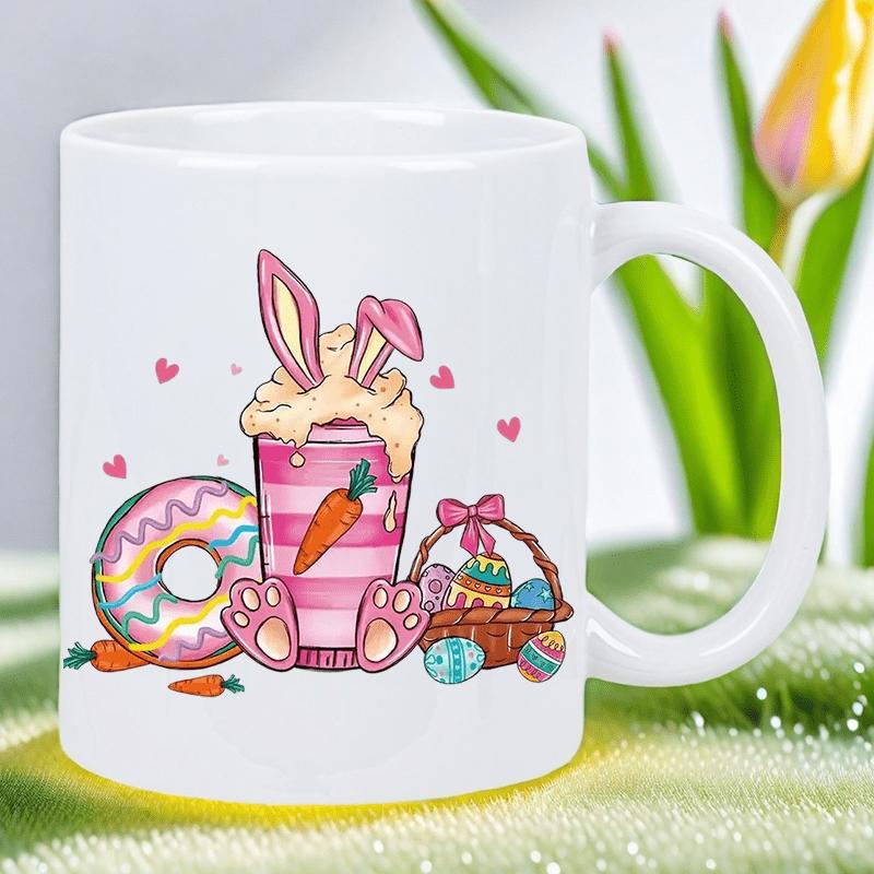 Tailorly White Ceramic 11 oz Mug - Sweet Festive Drink With Bunny Ears Surrounded By Colorful Eggs And Treats Bunny