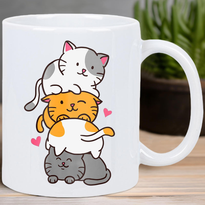 Tailorly White Ceramic 11 oz Mug - Adorable Hand Drawn Kitties Stacked In A Tower With Pink Hearts Cat