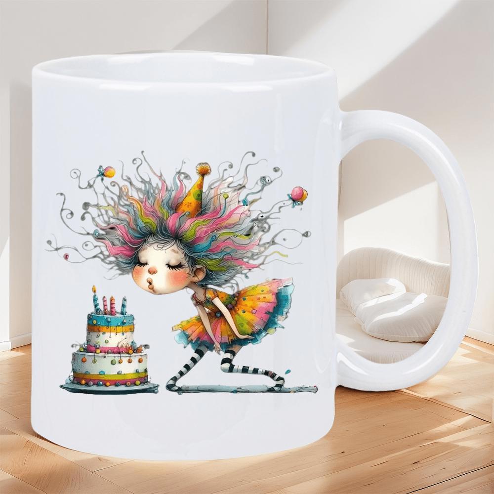 Tailorly White Ceramic 11 oz Mug - Whimsical Little Girl With Rainbow Hair Blowing Out Birthday Cake Girl