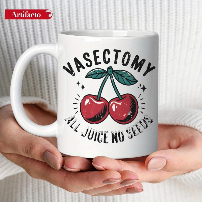 Tailorly White Ceramic 11 oz Mug - Vasectomy All Juice No Seeds Vibrant Red Double Fruits With Green Leaves And Sparkling Star Accents Cherries