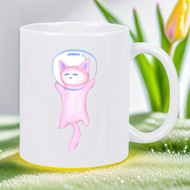 Tailorly White Ceramic 11 oz Mug - Cute Pink Galactic Stretching Kitten Wearing A Clear Protective Bubble Helmet Cat