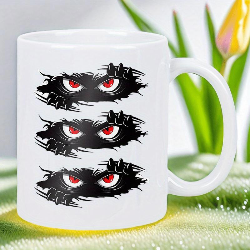 Tailorly White Ceramic 11 oz Mug - Menacing Red Glowing Peeking Through Ripped Metal Scratch Marks Shadowy Monster Eyes