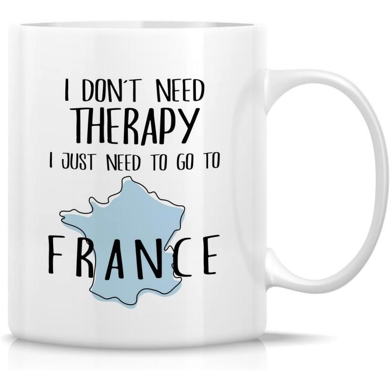 Tailorly White Ceramic 11 oz Mug - I Don't Need Therapy I Just Need To Go To France Light Blue Minimalist Geographic Map Silhouette Representing The Country France