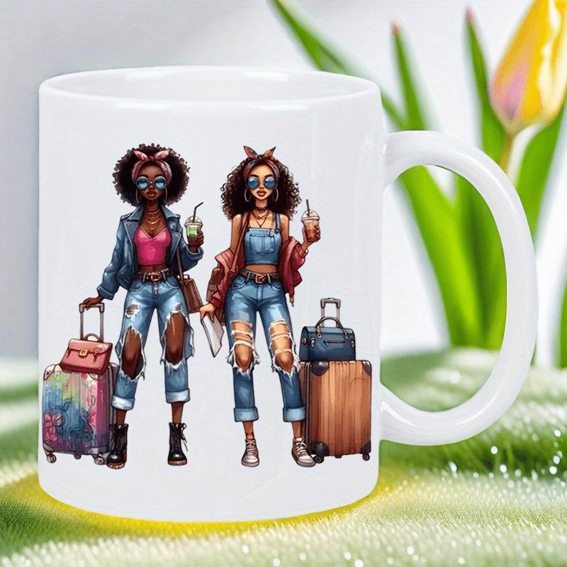 Tailorly White Ceramic 11 oz Mug - Two Stylish Women Carrying Suitcases Holding Drinks During Summer Vacation Girl