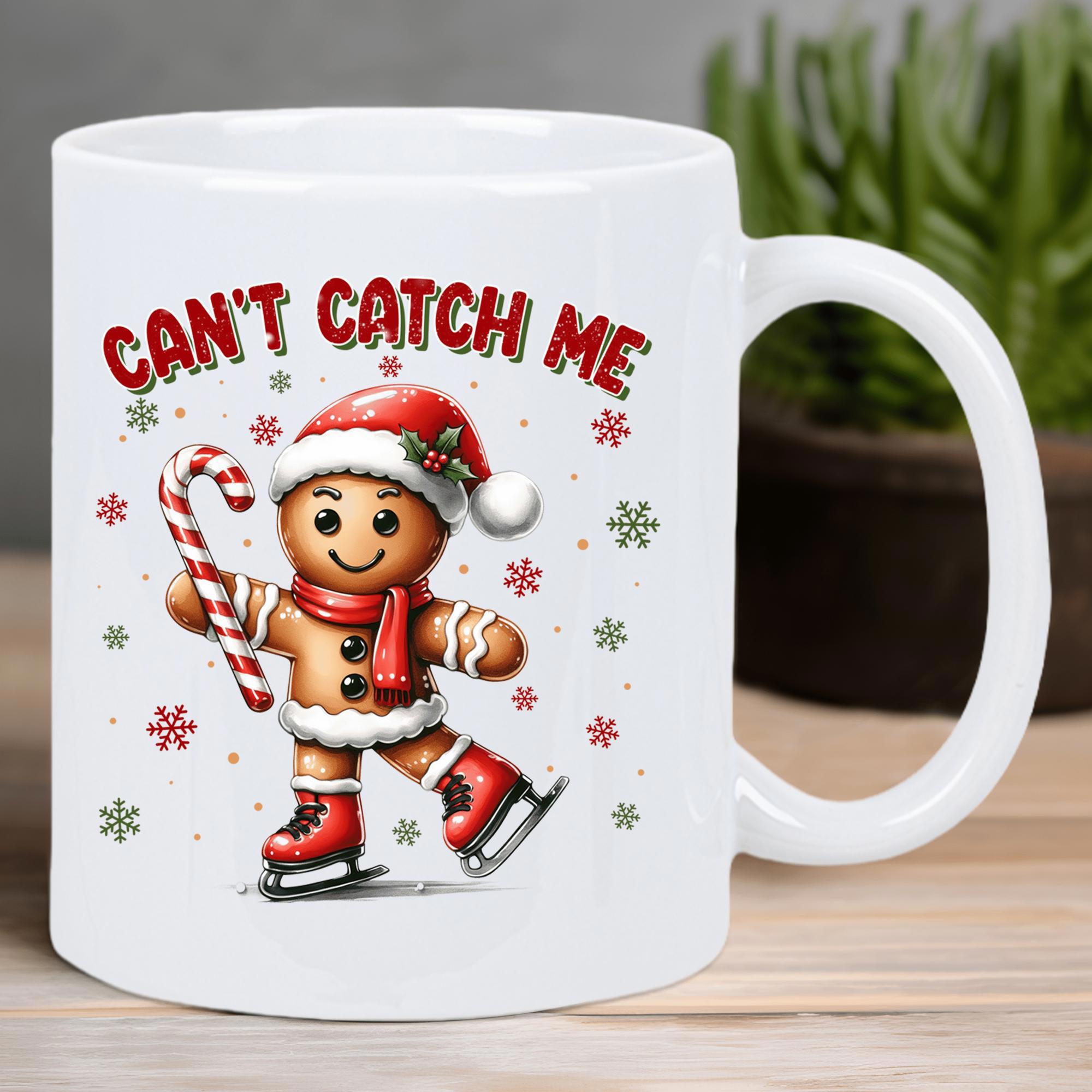 Tailorly White Ceramic 11 oz Mug - Can't Catch Me Smiling Holiday Cookie Skating Across Ice With Festive Winter Accessories Gingerbread Man