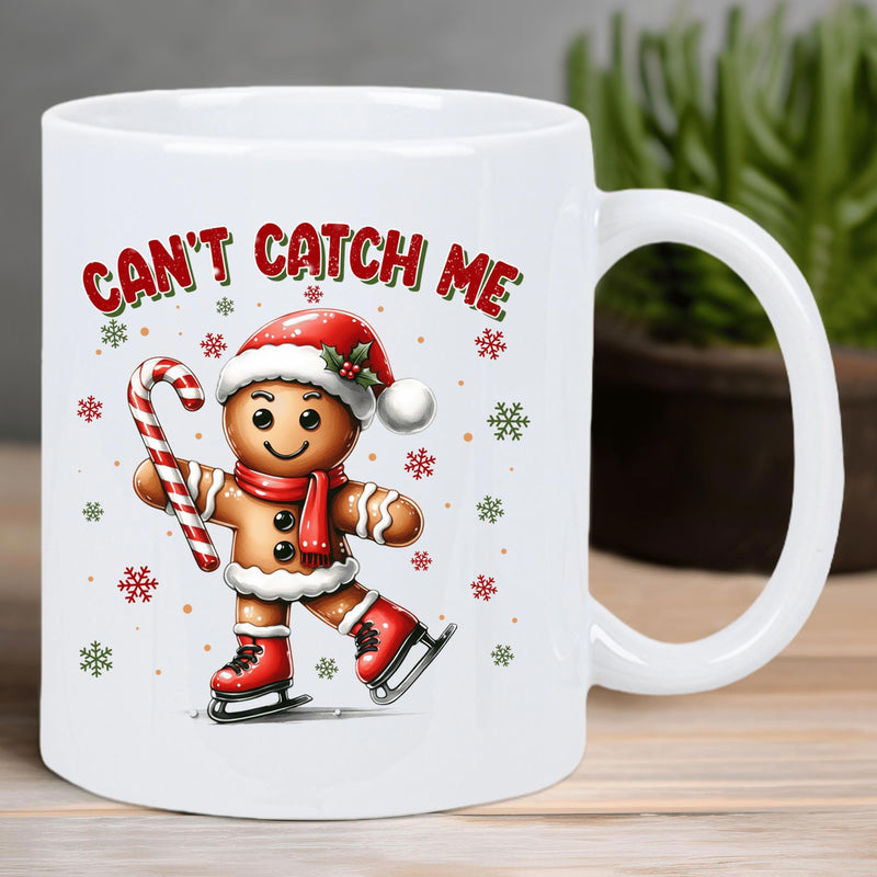 Tailorly White Ceramic 11 oz Mug - Can't Catch Me Smiling Holiday Cookie Skating Across Ice With Festive Winter Accessories Gingerbread Man