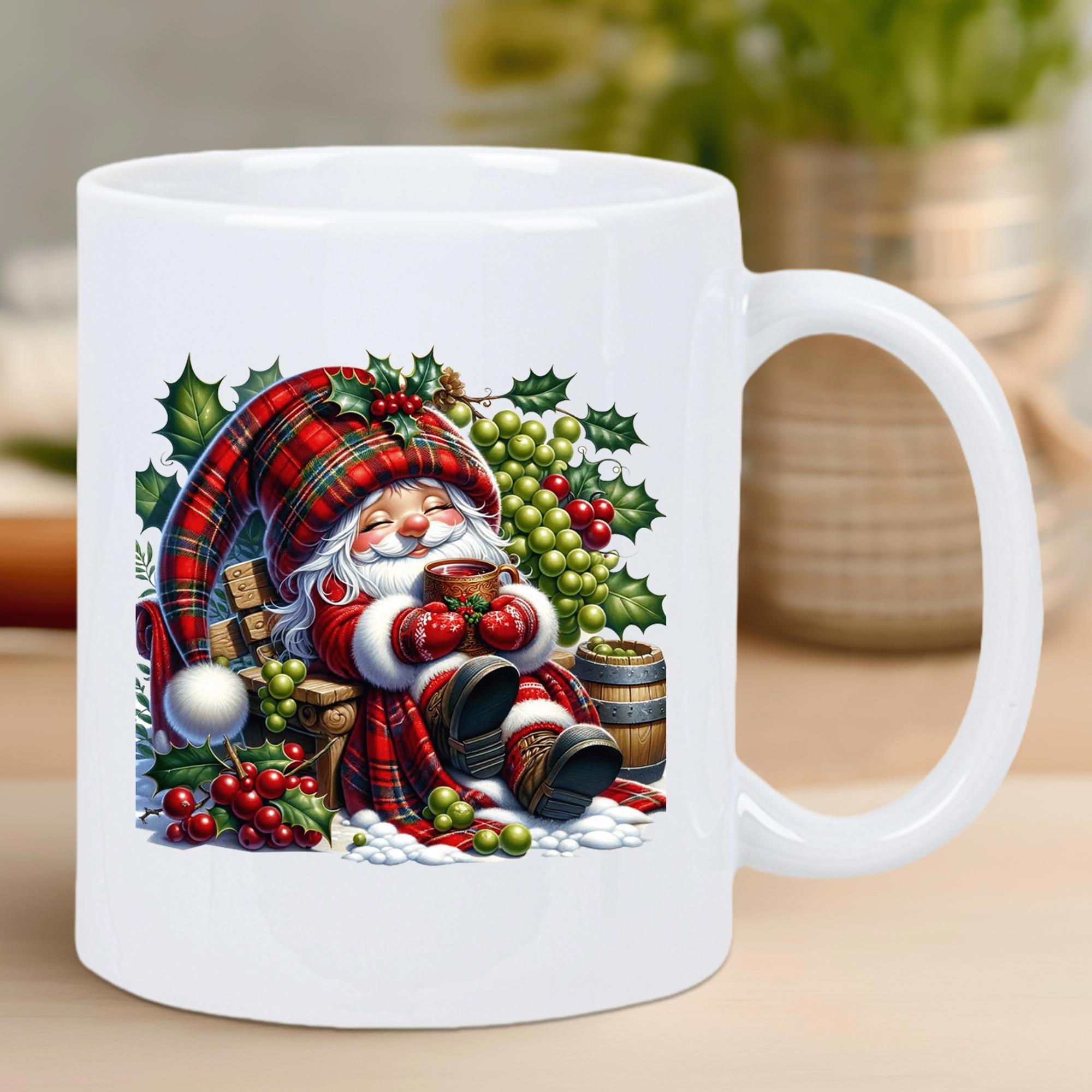 Tailorly White Ceramic 11 oz Mug - Festive Joyous Character Wearing Plaid Hat Holding Mug Among Holly Berries Santa Claus