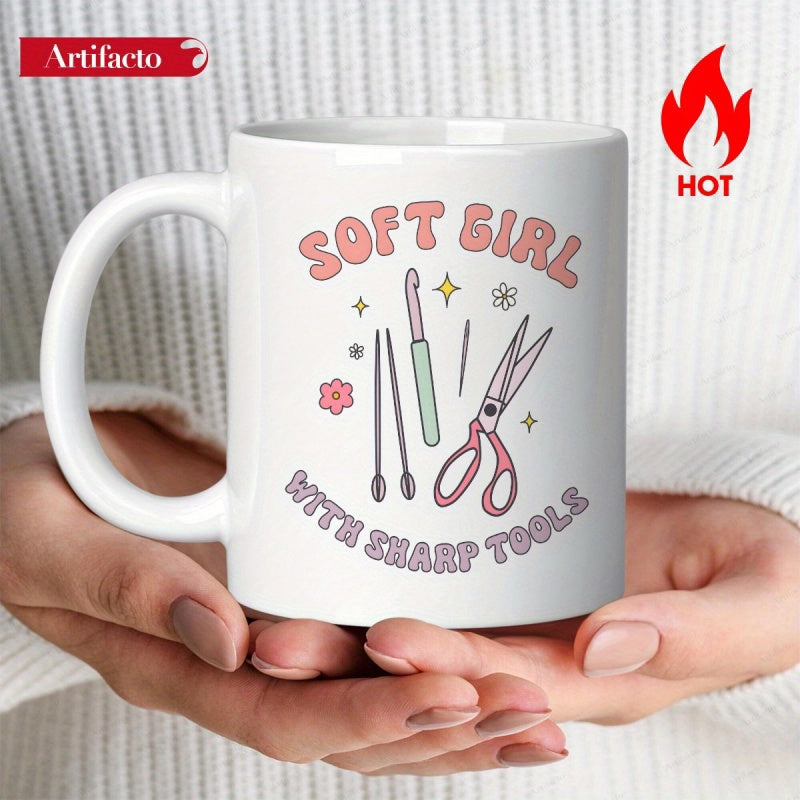 Tailorly White Ceramic 11 oz Mug - Soft Girl With Sharp Tools Hand Drawn Crafting Tools With Pastel Colors And Whimsical Stars Scissors