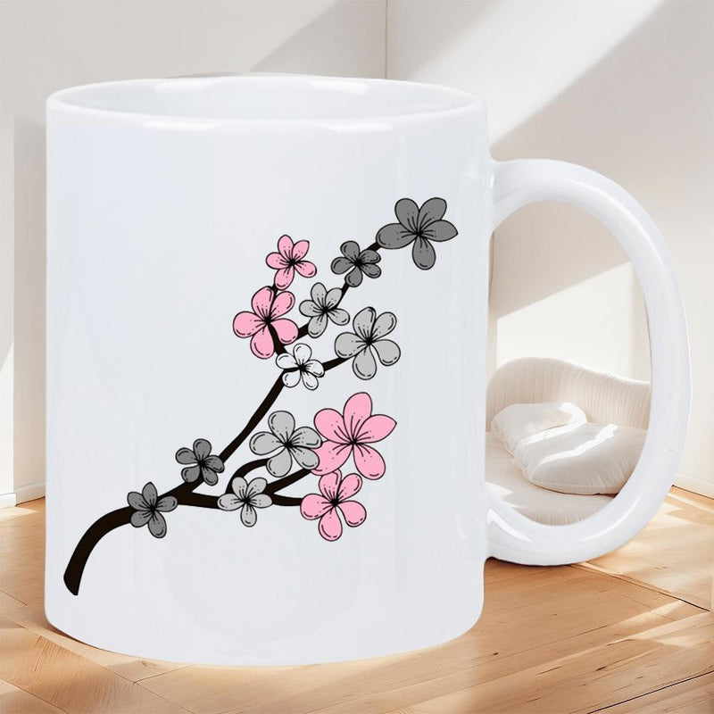 Tailorly White Ceramic 11 oz Mug - Elegant Blooming Pink And Grey Cherry Blossoms On A Delicate Black Branch Sakura