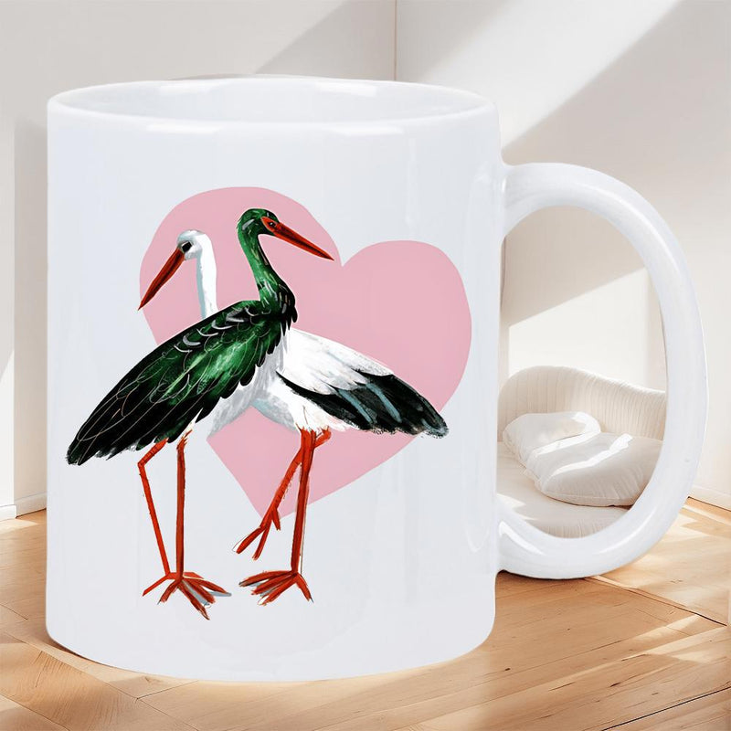 Tailorly White Ceramic 11 oz Mug - Two Elegant Storks Standing Gracefully Together Before A Large Pink Heart Storks