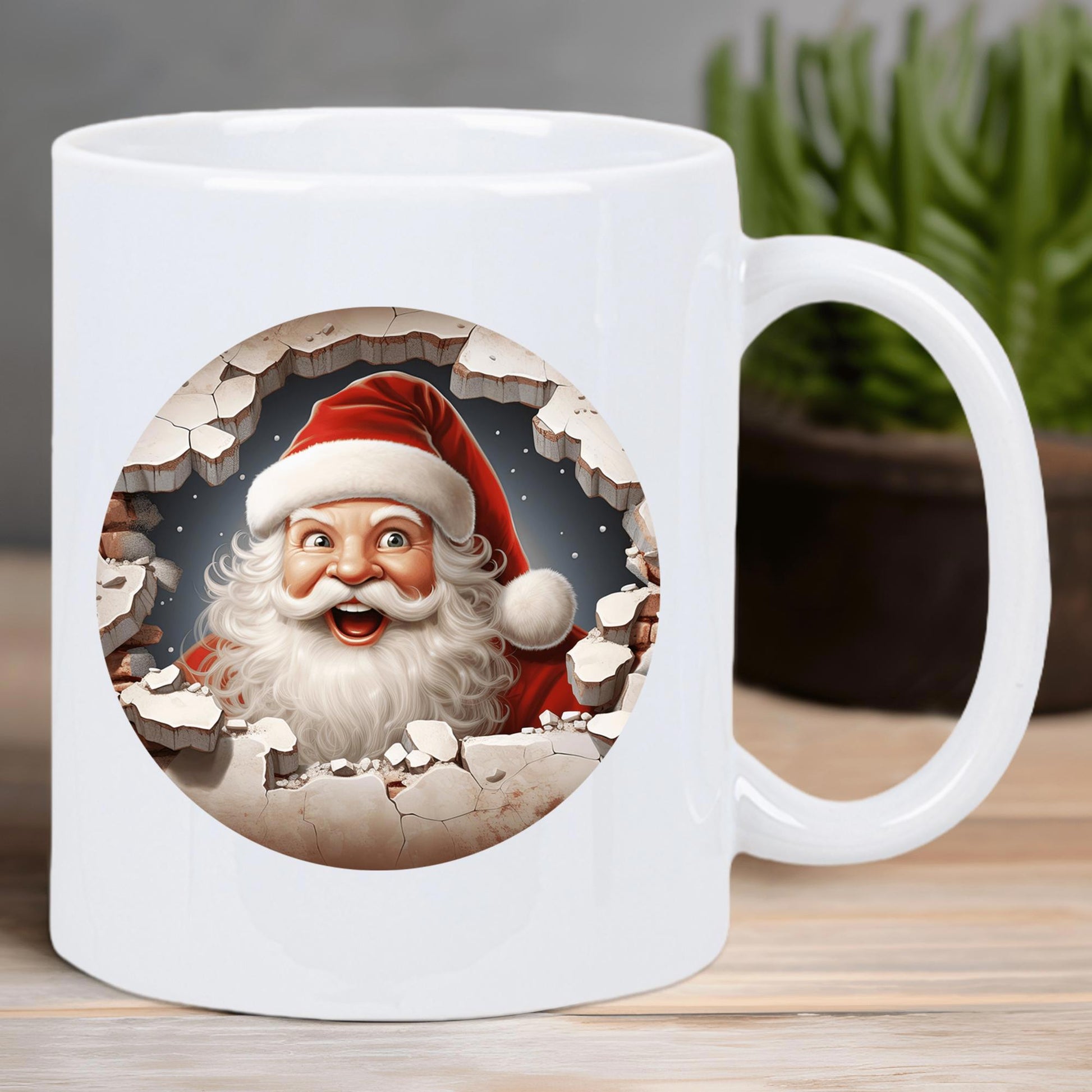 Tailorly White Ceramic 11 oz Mug - Festive Jolly Old Saint Nick Peeking Through A Realistic Cracked Wall Santa Claus