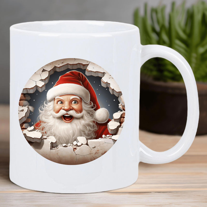 Tailorly White Ceramic 11 oz Mug - Festive Jolly Old Saint Nick Peeking Through A Realistic Cracked Wall Santa Claus