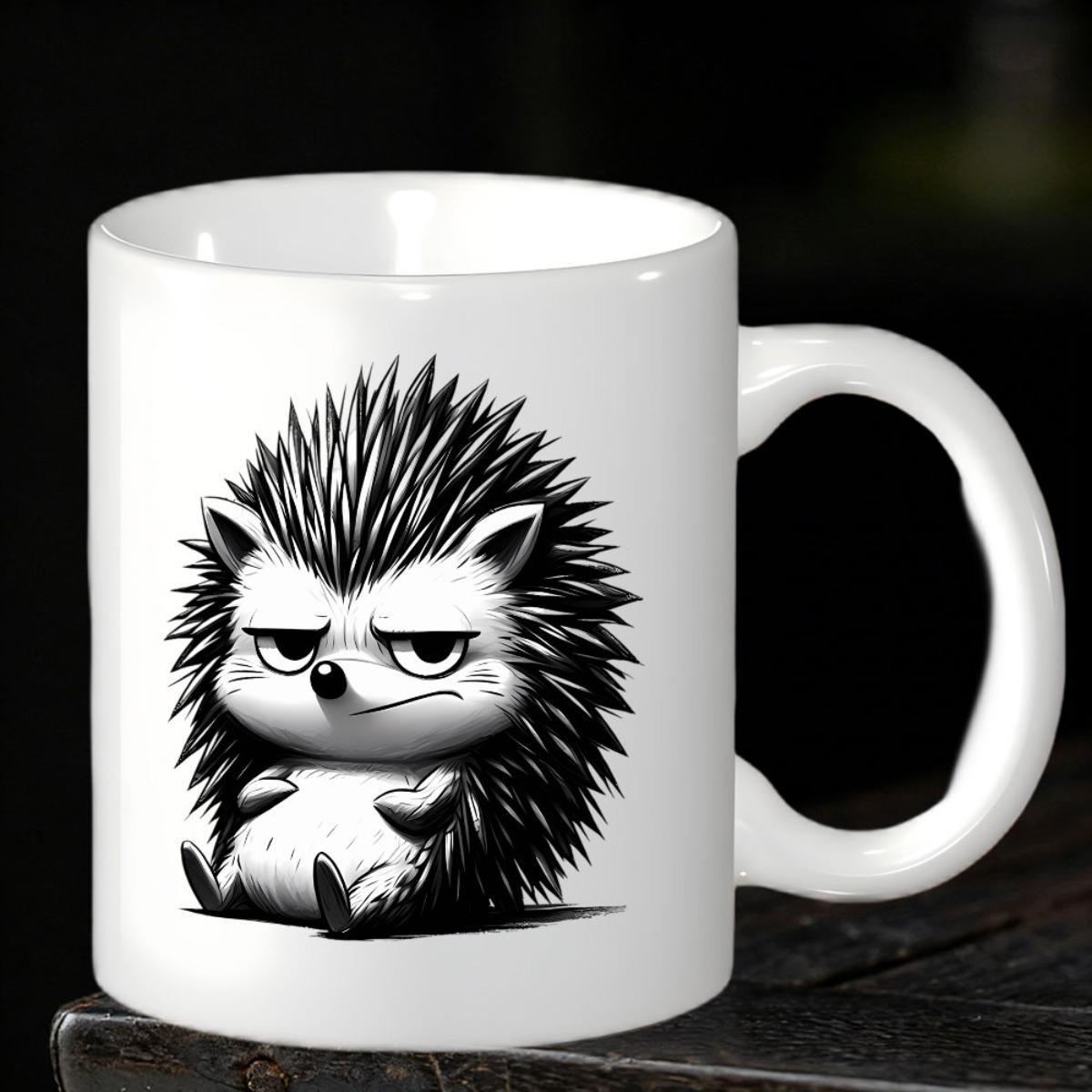 Tailorly White Ceramic 11 oz Mug - Grumpy Sitting Monochrome Illustration Featuring Sharp Spiky Quills And Curious Expression Hedgehog