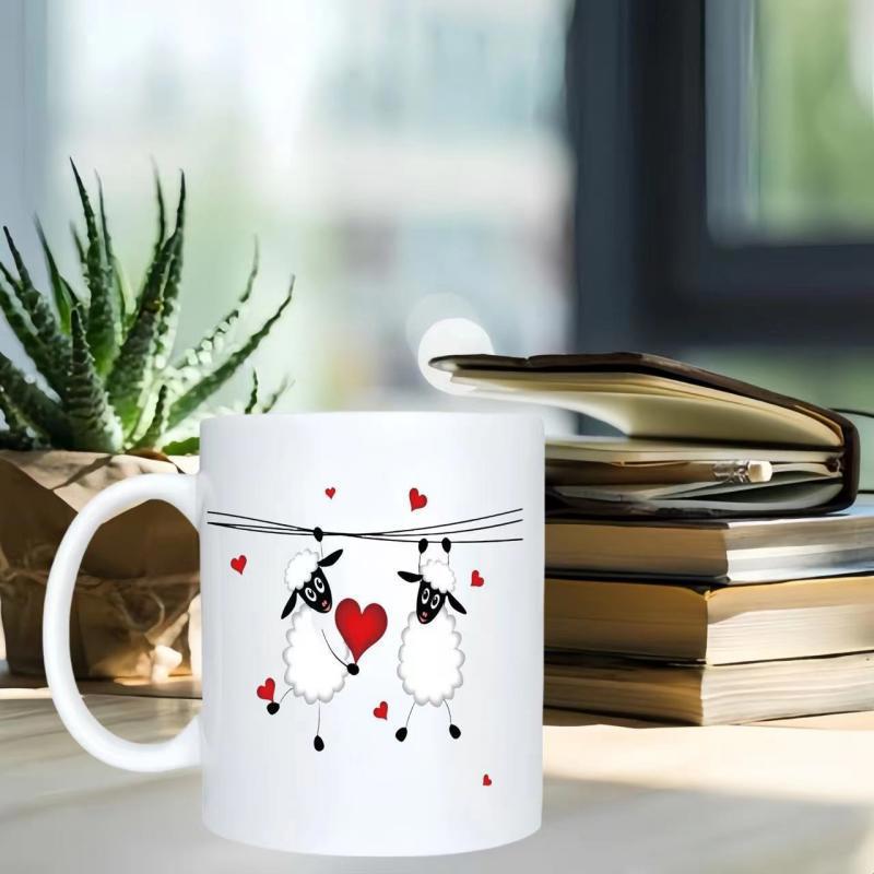 Tailorly White Ceramic 11 oz Mug - Two Cute Cartoon Fluffy Animals Holding A Vibrant Red Heart Sheep