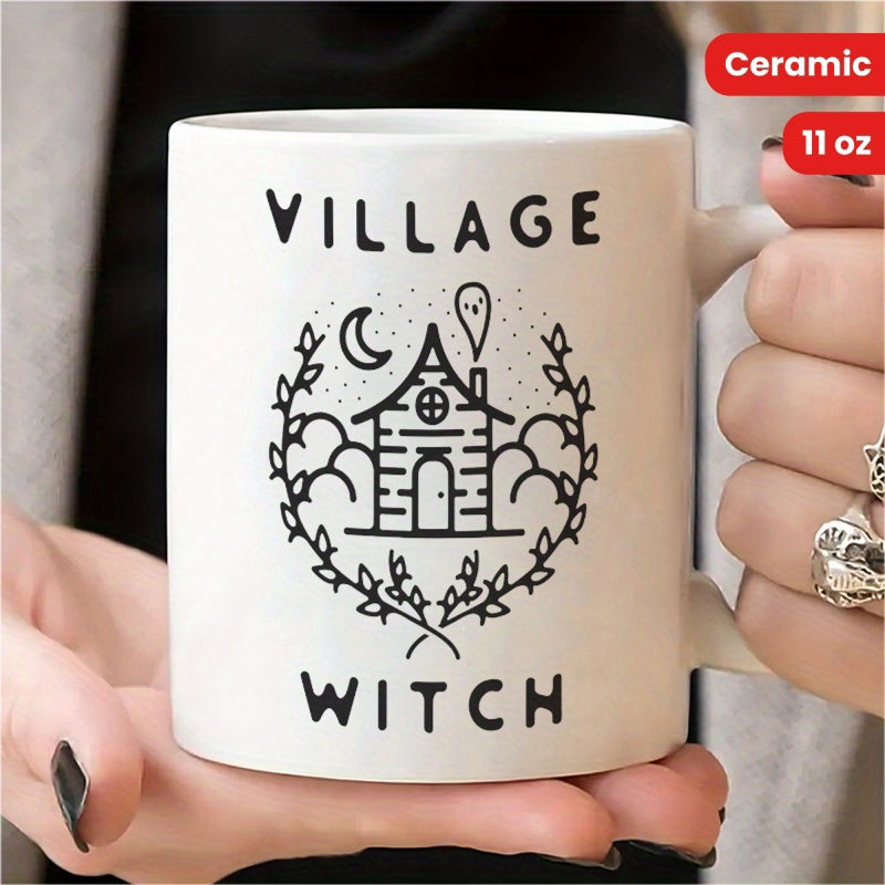 Tailorly White Ceramic 11 oz Mug - Village Witch Hand Drawn Minimalist Black Line Art With Ghostly Smoke And Wreath House