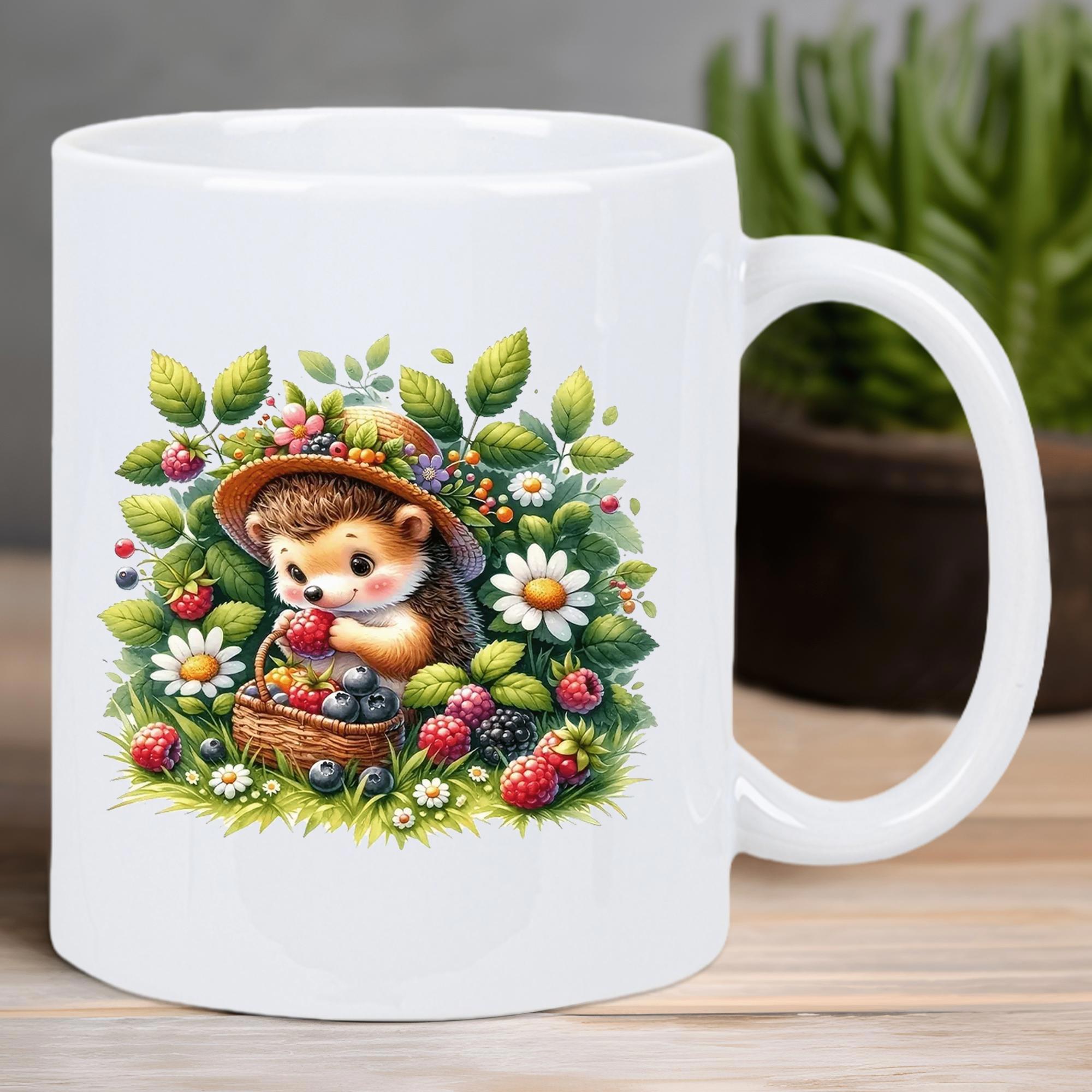 Tailorly White Ceramic 11 oz Mug - Adorable Little Creature Wearing Straw Hat Among Wild Flowers And Berries Hedgehog
